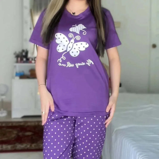 Purple butterfly printed night suit by Comfettie featuring a comfortable, soft fabric and a relaxed fit for cozy sleepwear.