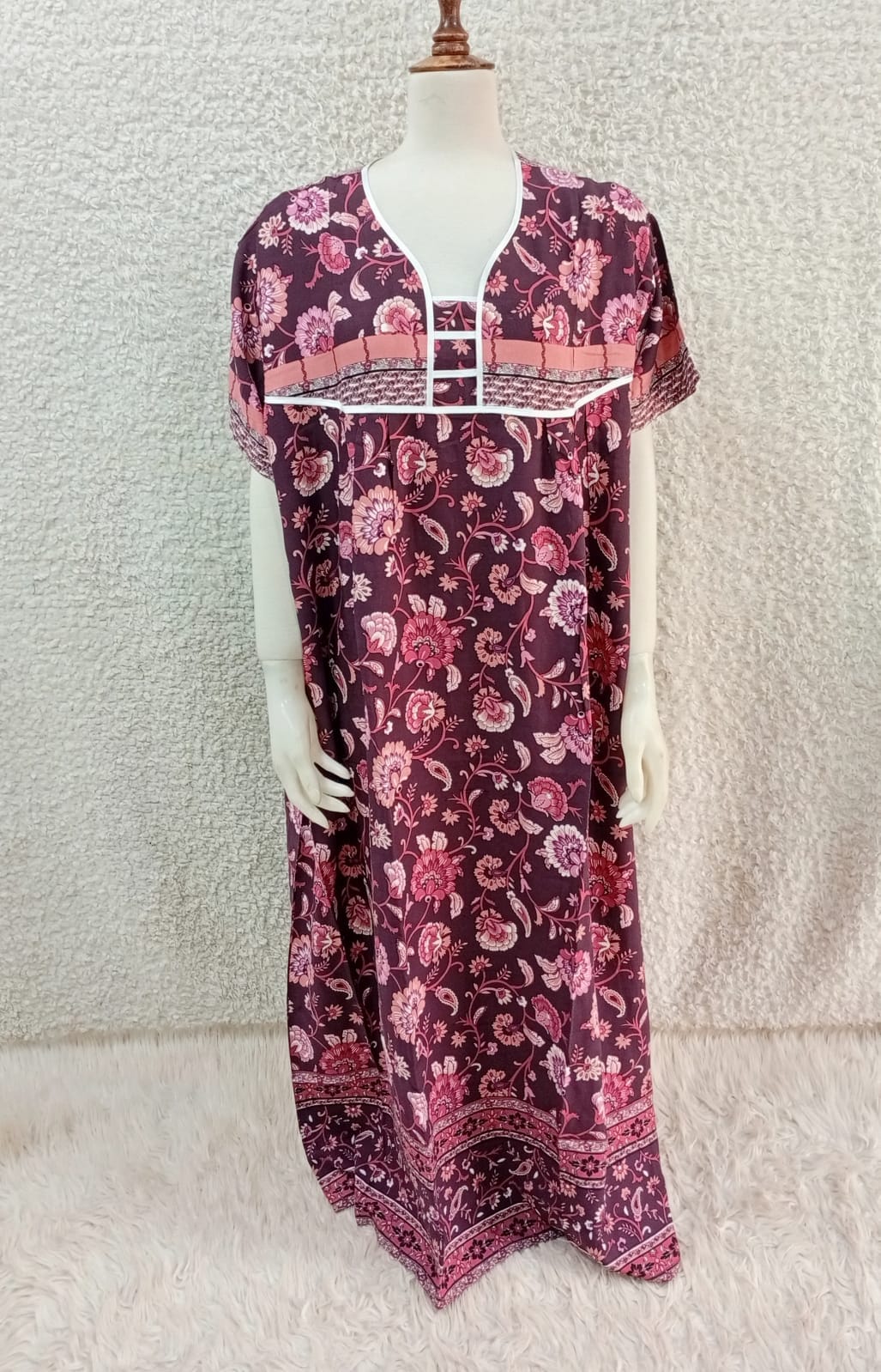 Printed Lilan long nighty by Nextry.pk, featuring soft fabric with purple floral print and comfortable long design for women.