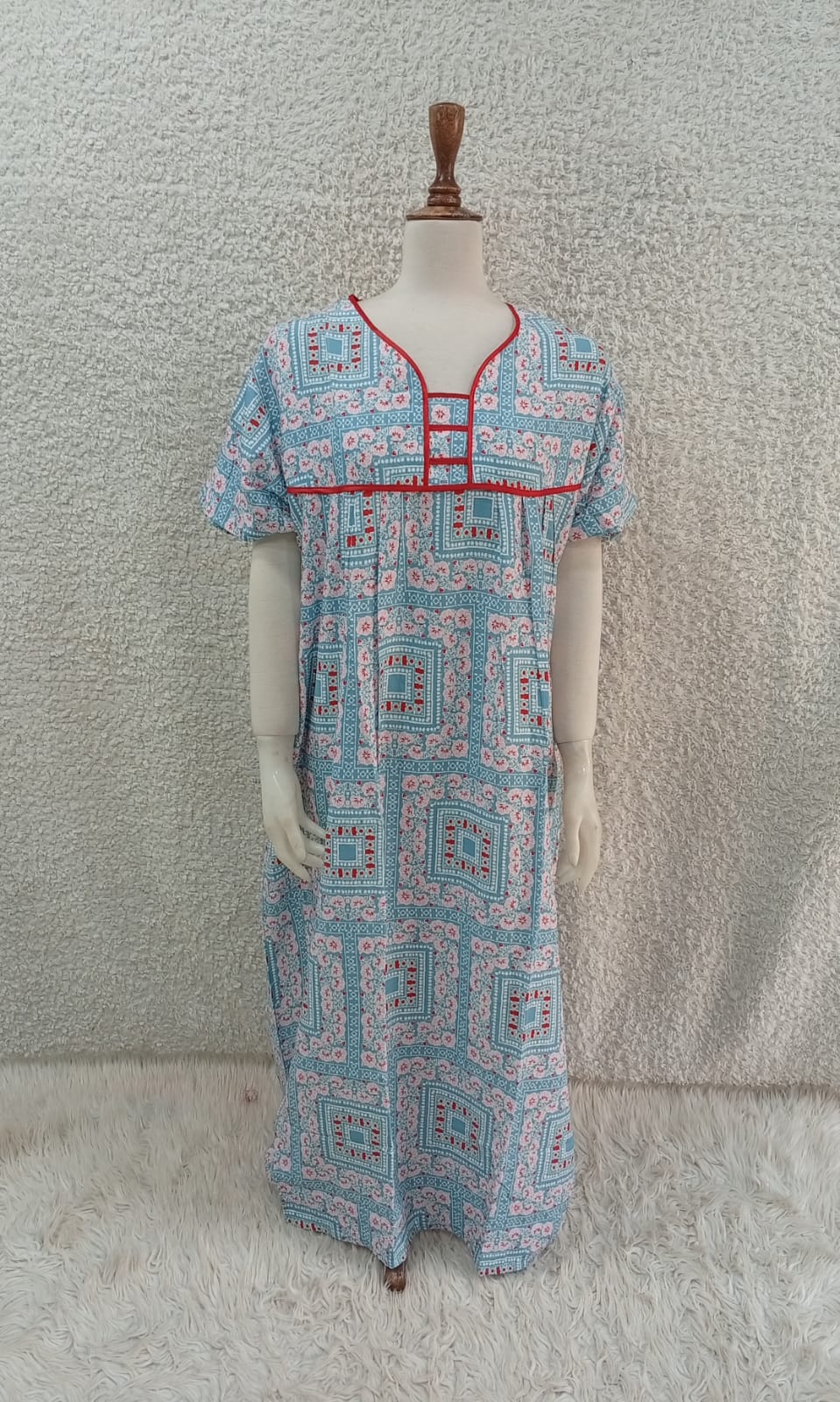 Printed Lilan long nighty by Nextry.pk, soft fabric with floral print, full-length design, comfortable for bedtime wear