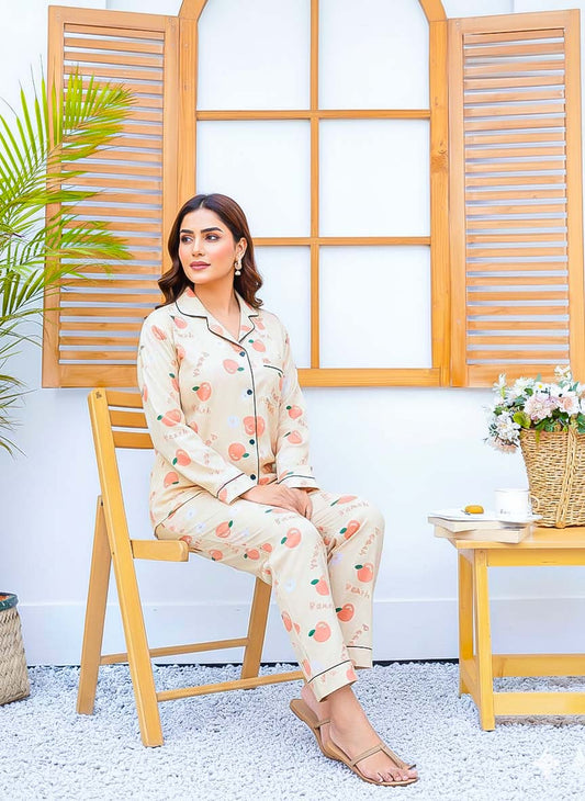 Imported linen printed peach PJ set by The Style Bazar, featuring a comfortable and stylish linen sleepwear ensemble.