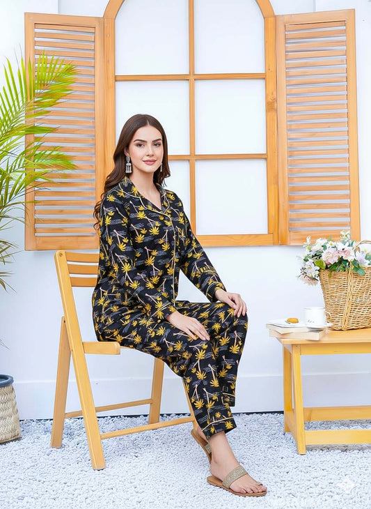 Imported linen printed yellow tree shade PJ set from The Style Bazar, featuring a comfortable linen pajama top and bottom with a botanical design.