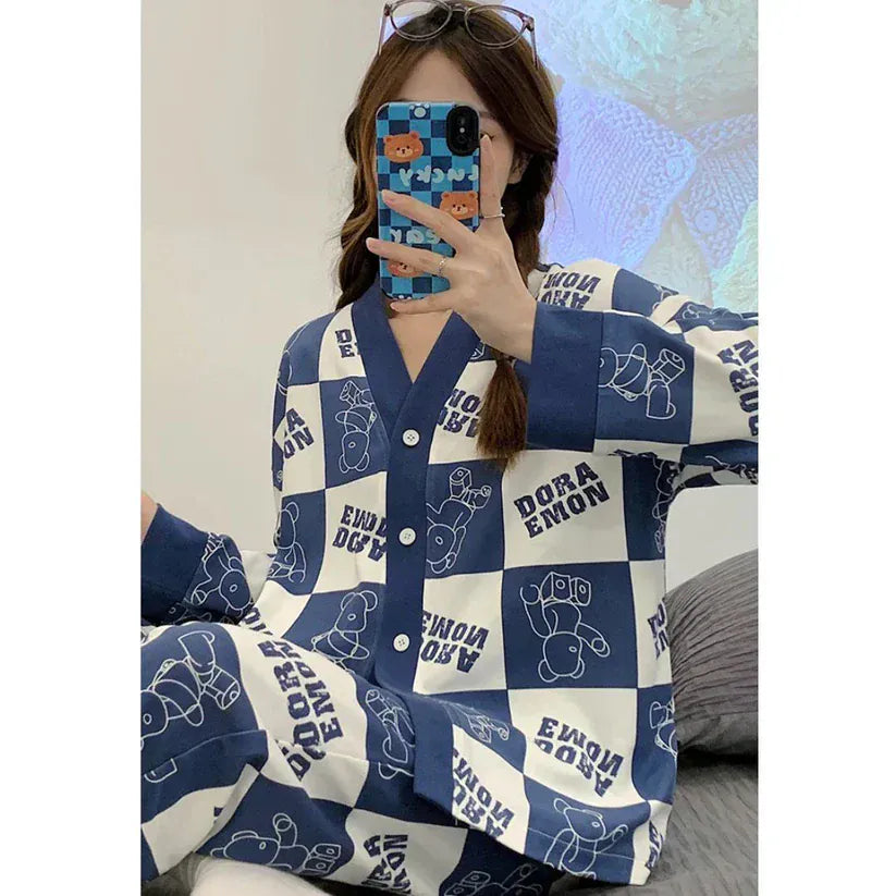 Dora blue check V-neck cotton jersey night suit with button details and printed design, comfortable sleepwear by The Style Bazar.