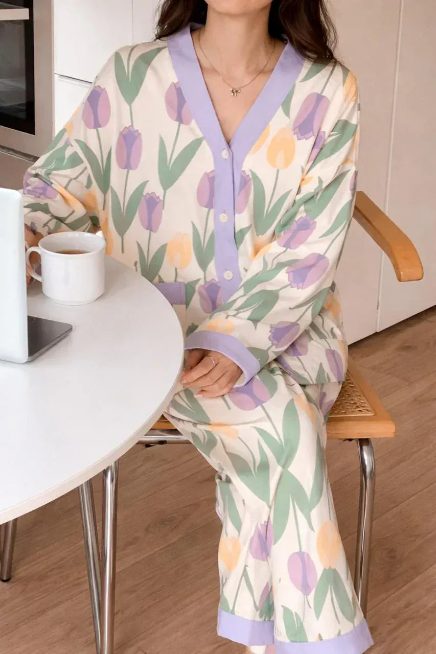 Purple off-white V-neck cotton jersey night suit with floral print and button details, perfect for comfortable sleepwear.