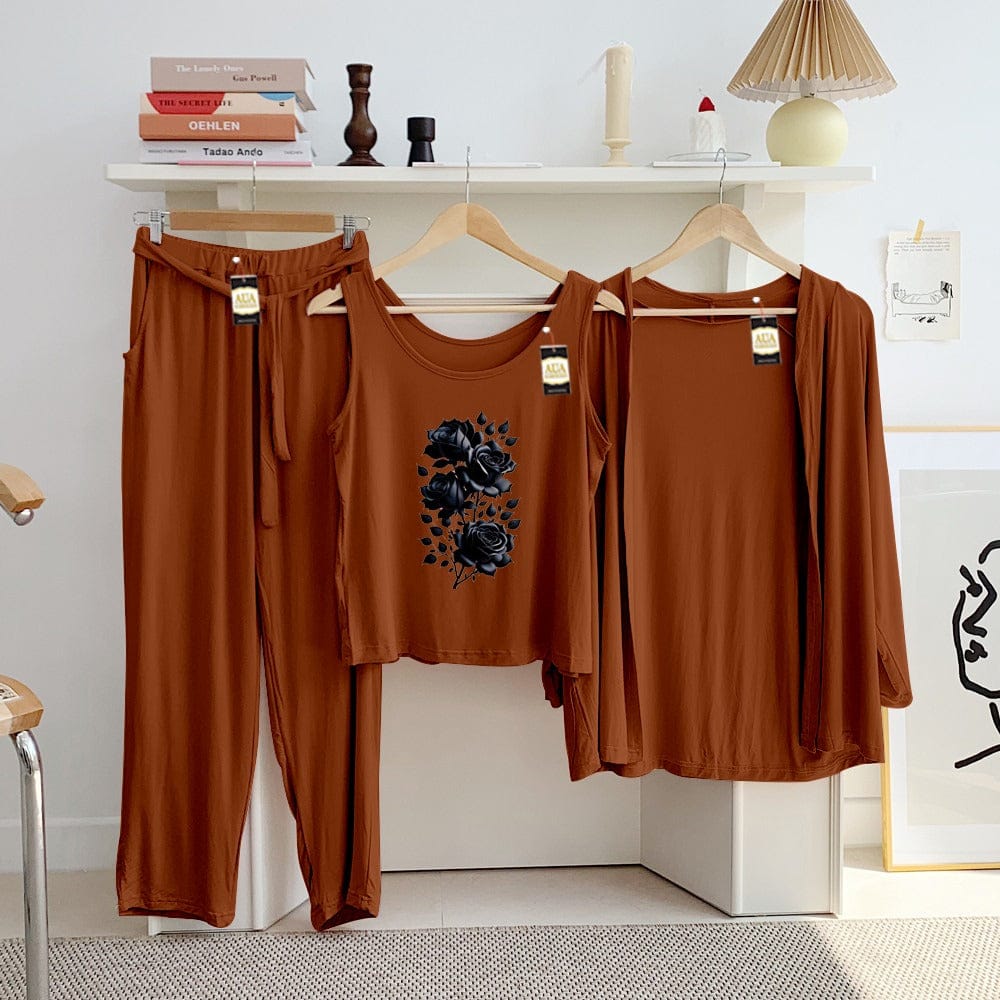 Three Queen ladies night suit with 3-piece inner gown and trousers, featuring soft fabric and comfortable fit.
