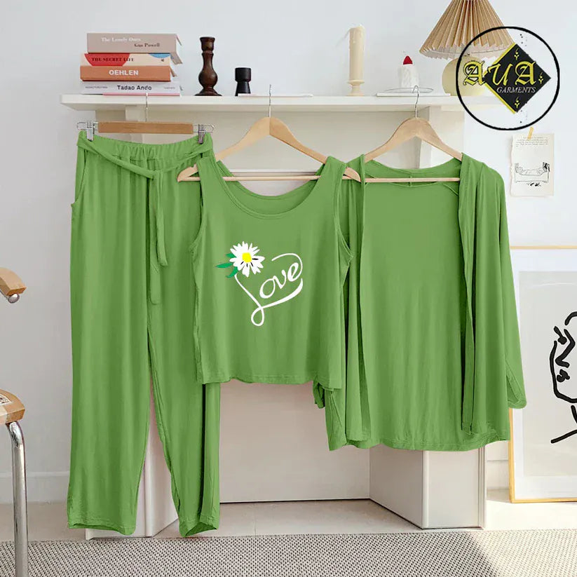 Sea green three-piece women's lounge wear and sleepwear set by Three Queen, featuring comfortable nightwear for relaxing nights.