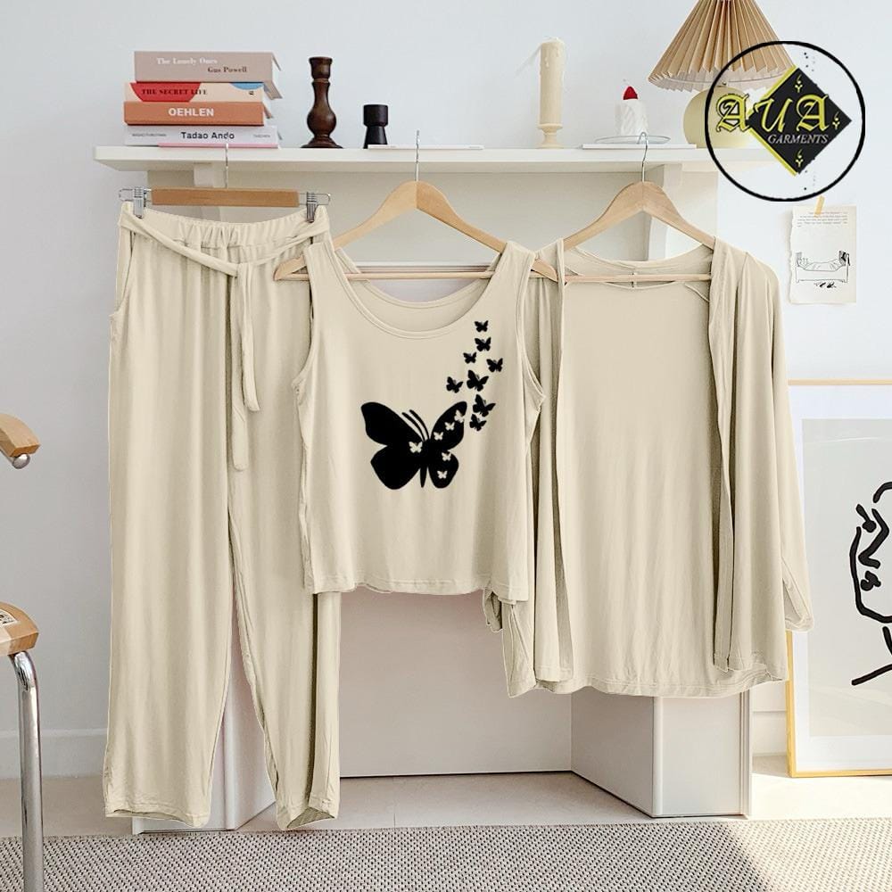 Three Queen beige 3-piece women's lounge wear sleepwear set with comfortable fabric and relaxed fit for night comfort.