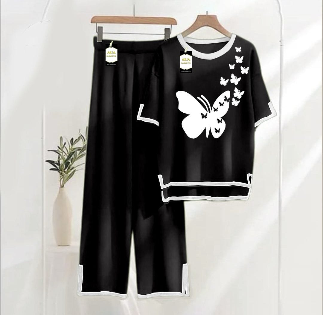 Black printed Turkish summer co-ord set for women, stylish night wear from Three Queen featuring comfortable loungewear design.