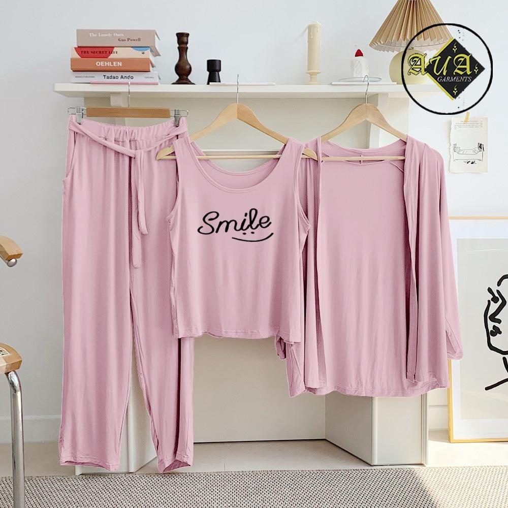 Pink three-piece women's lounge wear and sleepwear set by Three Queen, featuring comfortable nightwear for relaxing evenings.