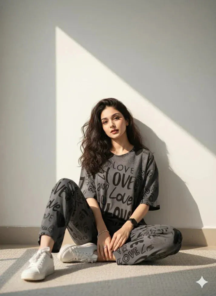 Comfettie cotton night suit with big love printed design, featuring a cozy top and matching pants in Jarsy fabric.