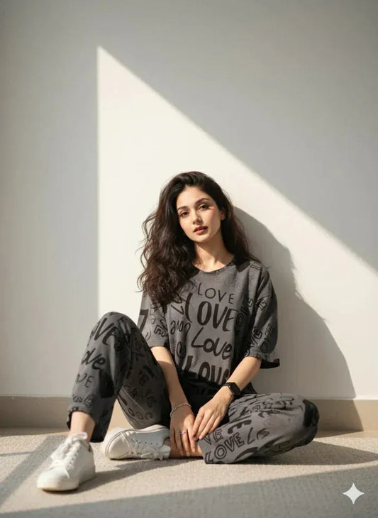 Comfettie cotton night suit with big love printed design, featuring a cozy top and matching pants in Jarsy fabric.