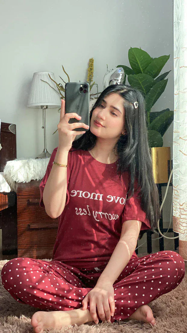 Comfortable Love More printed night suit by Comfettie with floral pattern, soft fabric, and relaxed fit for cozy sleepwear.