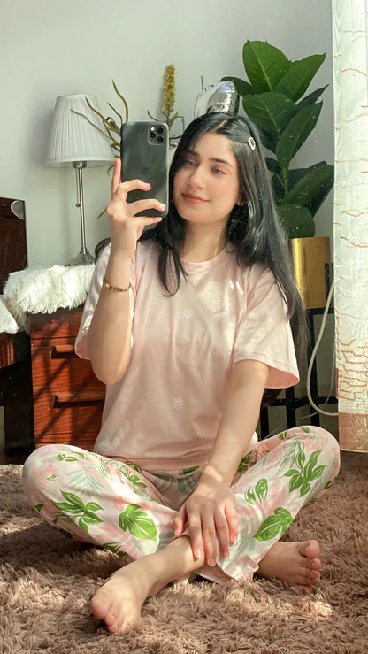 Comfettie peach printed pajama night suit with long sleeves and relaxed fit, ideal for comfortable sleepwear.