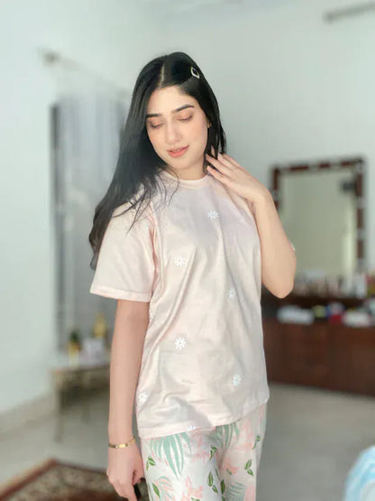 Comfettie peach printed pajama night suit featuring a relaxed fit, soft fabric, and a comfortable design for sleepwear.