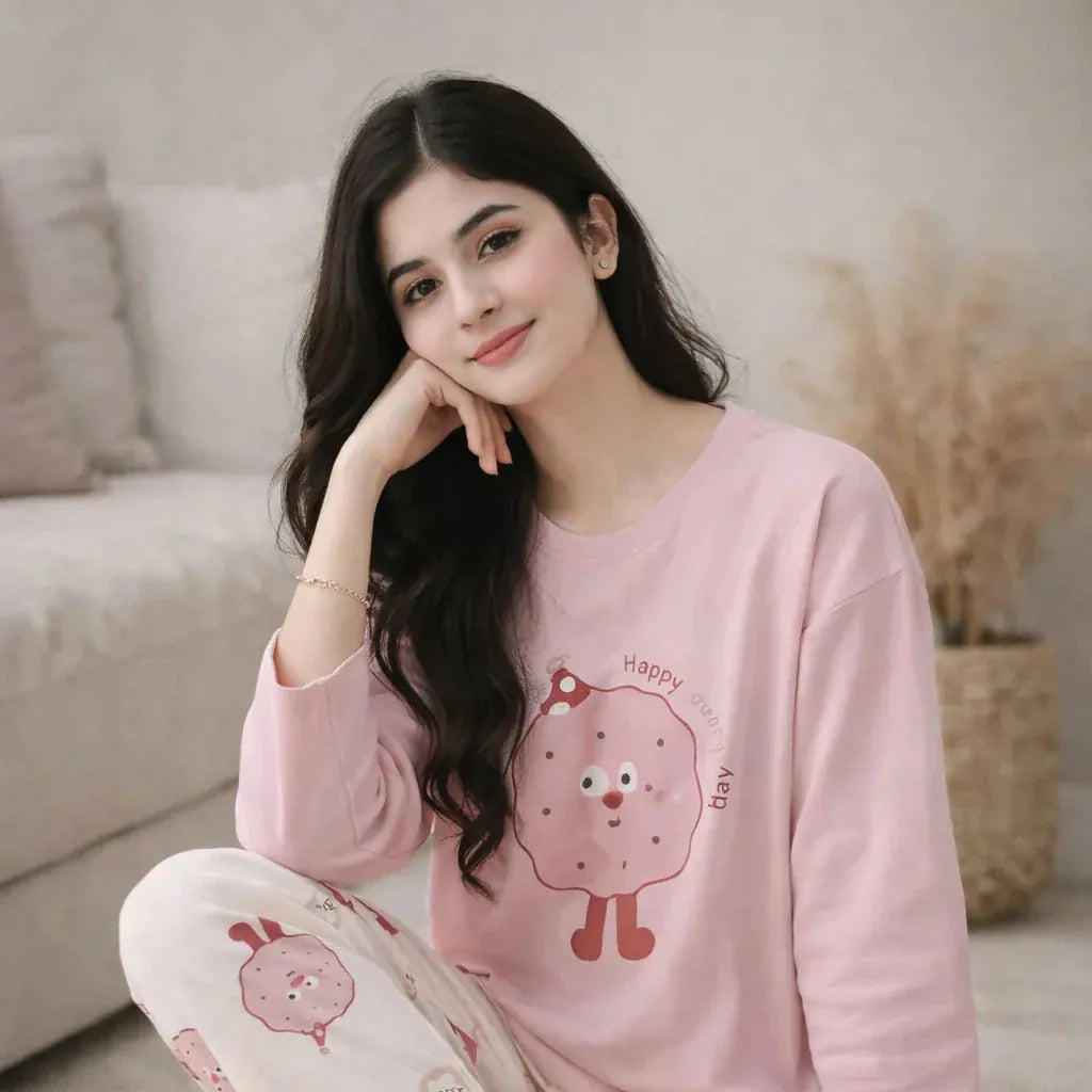 Pink donut design night suit for girls and women made from premium fabric, featuring a playful pattern and comfortable fit.
