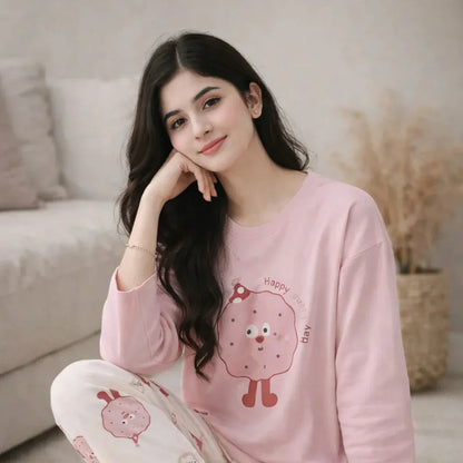 Pink donut design night suit for girls and women made from premium fabric, featuring a playful pattern and comfortable fit.