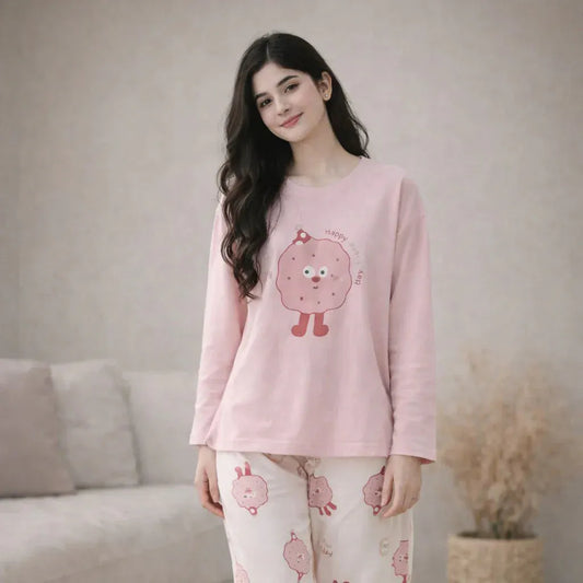 Pink donut design night suit for girls and women by Comfettie, made from premium fabric, featuring a playful and comfortable style.