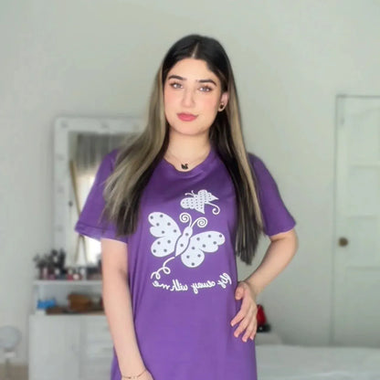 Purple butterfly printed night suit from Comfettie, featuring a soft fabric and comfortable fit for sleep and lounging.
