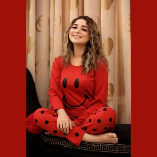 Red Smiley Printed Night Suit by Comfettie, featuring a comfortable fabric with cheerful smiley face patterns.
