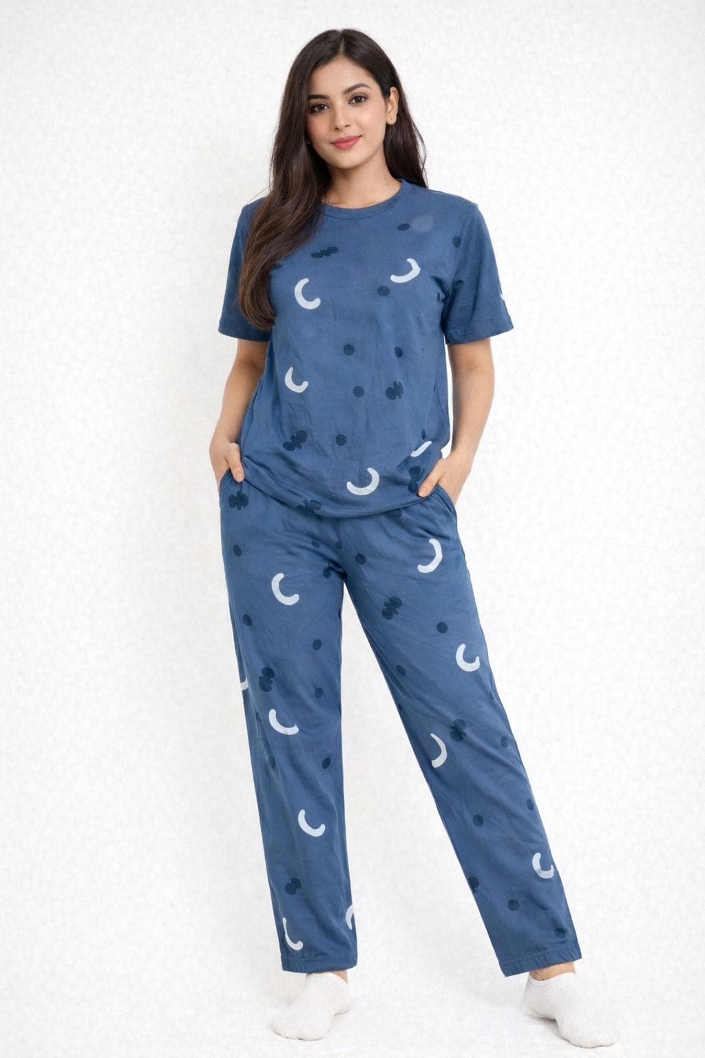 Soft cotton moon printed night suit set by Comfettie featuring a comfortable top and bottom for cozy sleepwear.