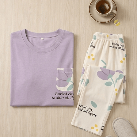 Women's lavender floral pajama set by comfettie featuring a comfortable top and matching pants with a floral pattern.