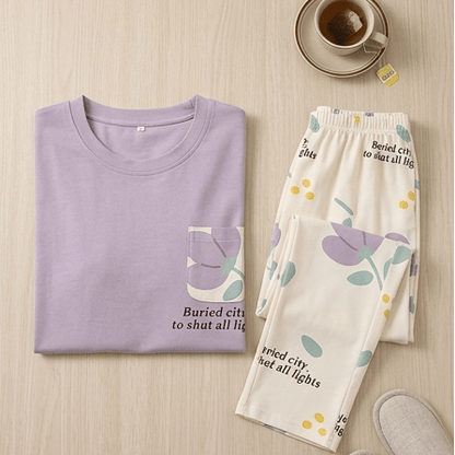 Women's lavender floral pajama set by comfettie featuring a comfortable top and matching pants with a floral pattern.