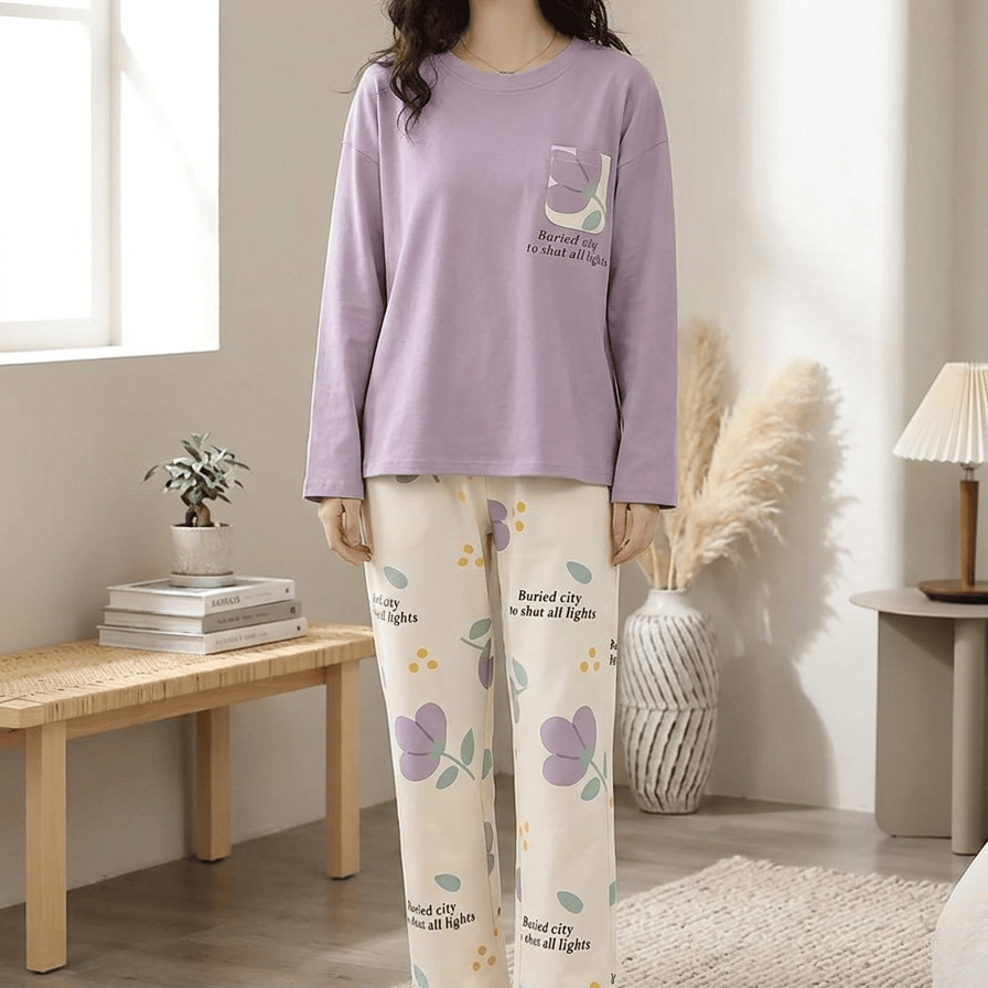 Women's lavender floral pajama set by comfettie, featuring a comfortable top and matching pants with a floral pattern.