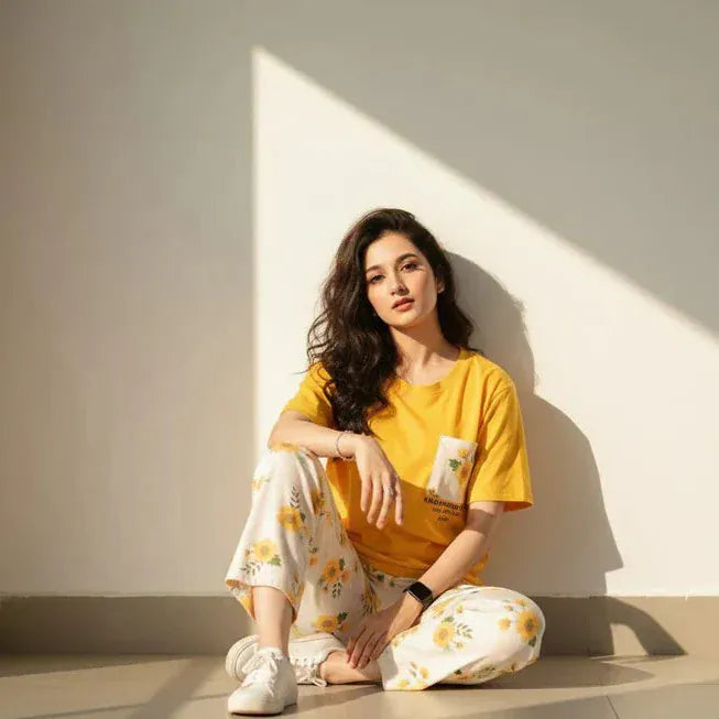 Yellow flower printed cotton night suit by Comfettie, featuring a comfortable design and premium fabric for a cozy sleepwear look.