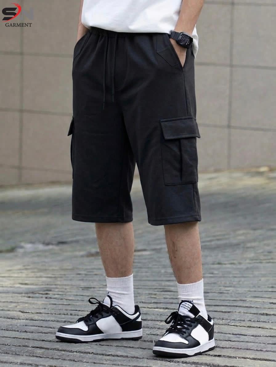Men's cotton terry cargo pocket 3/4 shorts with casual and sports style, featuring functional pockets and a relaxed fit.