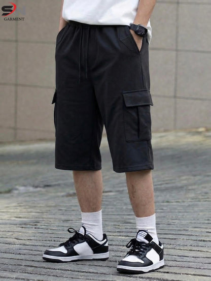 Men's cotton terry cargo pocket 3/4 shorts with casual and sports style, featuring functional pockets and a relaxed fit.