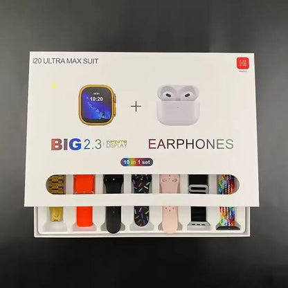 I20 Ultra Max suit Smart Watch 10 in 1 box 2.3inch large screen with 7 strips smartwatch With Earbuds