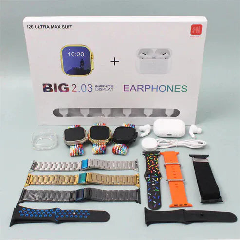 I20 Ultra Max suit Smart Watch 10 in 1 box 2.3inch large screen with 7 strips smartwatch With Earbuds