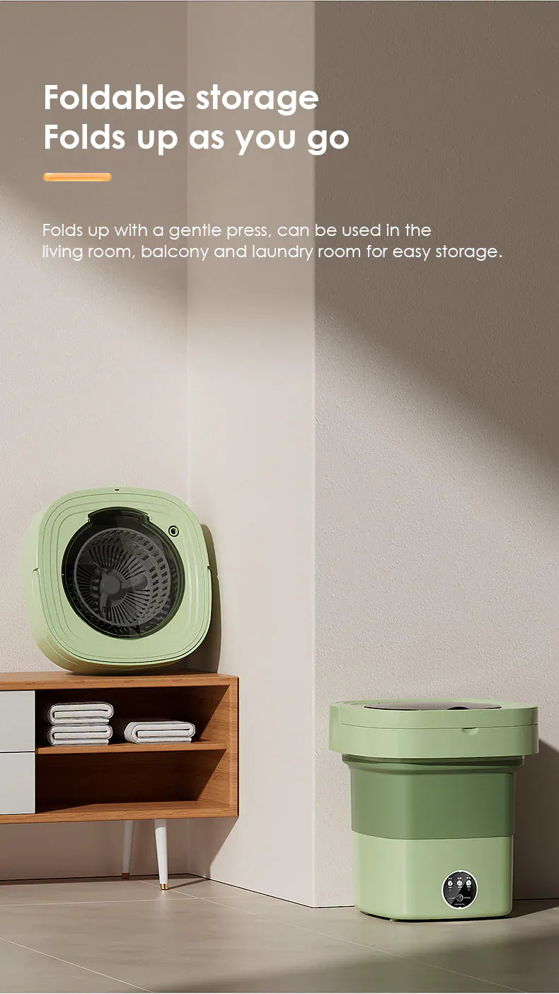 MiniMax foldable washing machine and dryer by Nextry.pk, showing compact 5-liter and 11-liter models in a clean, foldable design