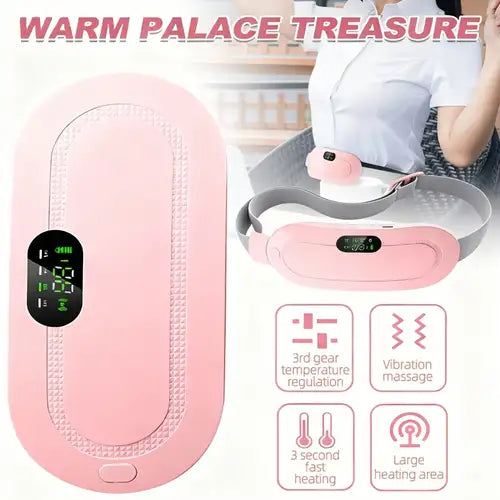 Nextry.pk portable menstrual heating cramp belt wrapped around a woman's lower abdomen for pain relief.