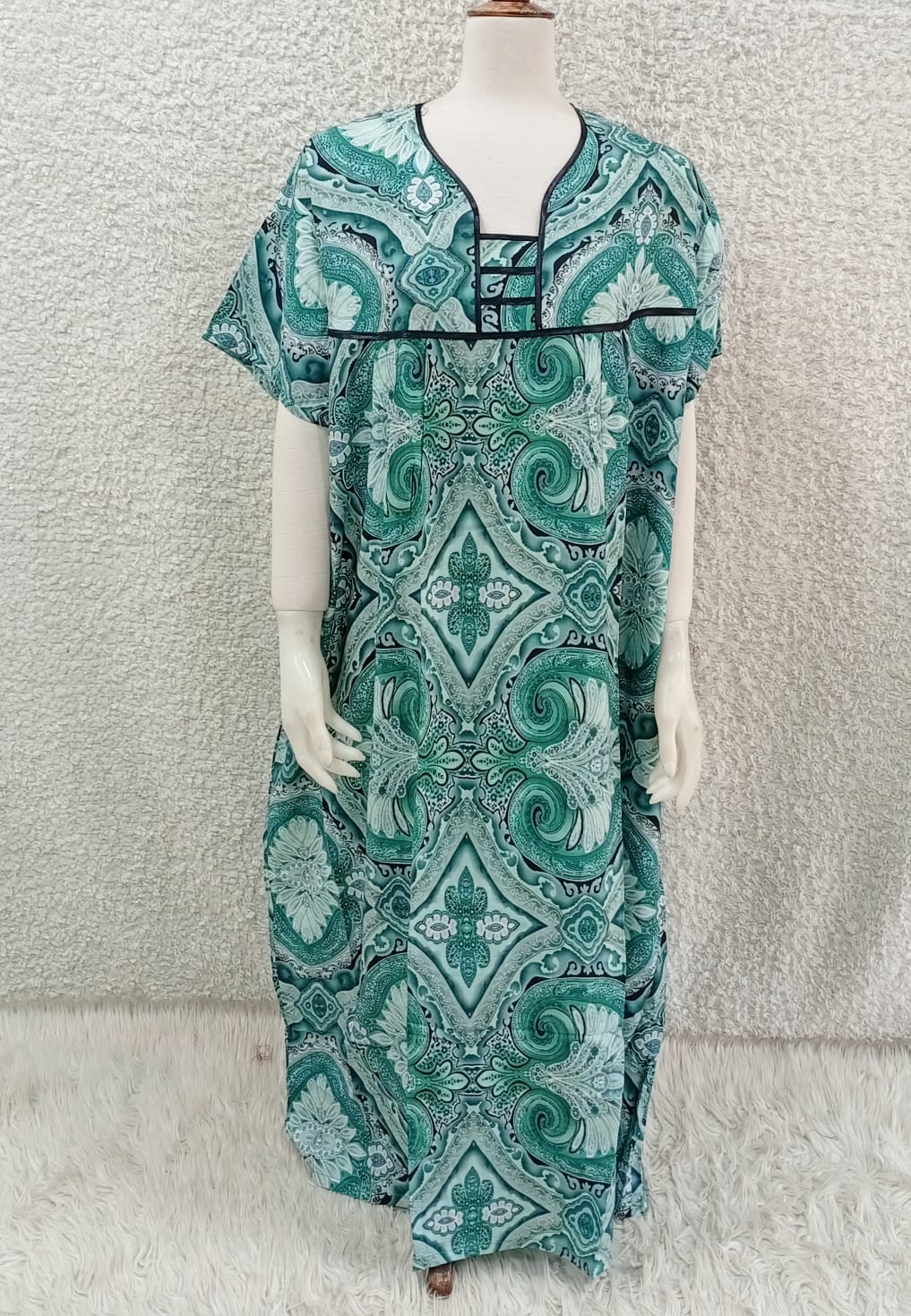 Printed Lilan long nighty from Nextry.pk featuring floral patterns and soft fabric, perfect for comfortable nighttime wear.