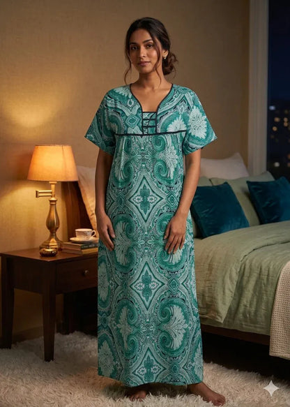 Printed Lilac long nighty from Nextry.pk featuring floral patterns and comfortable fabric for a cozy nightwear look.