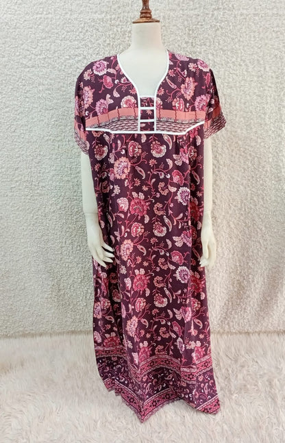 Printed Lilan long nighty by Nextry.pk, featuring soft fabric with purple floral print and comfortable long design for women.