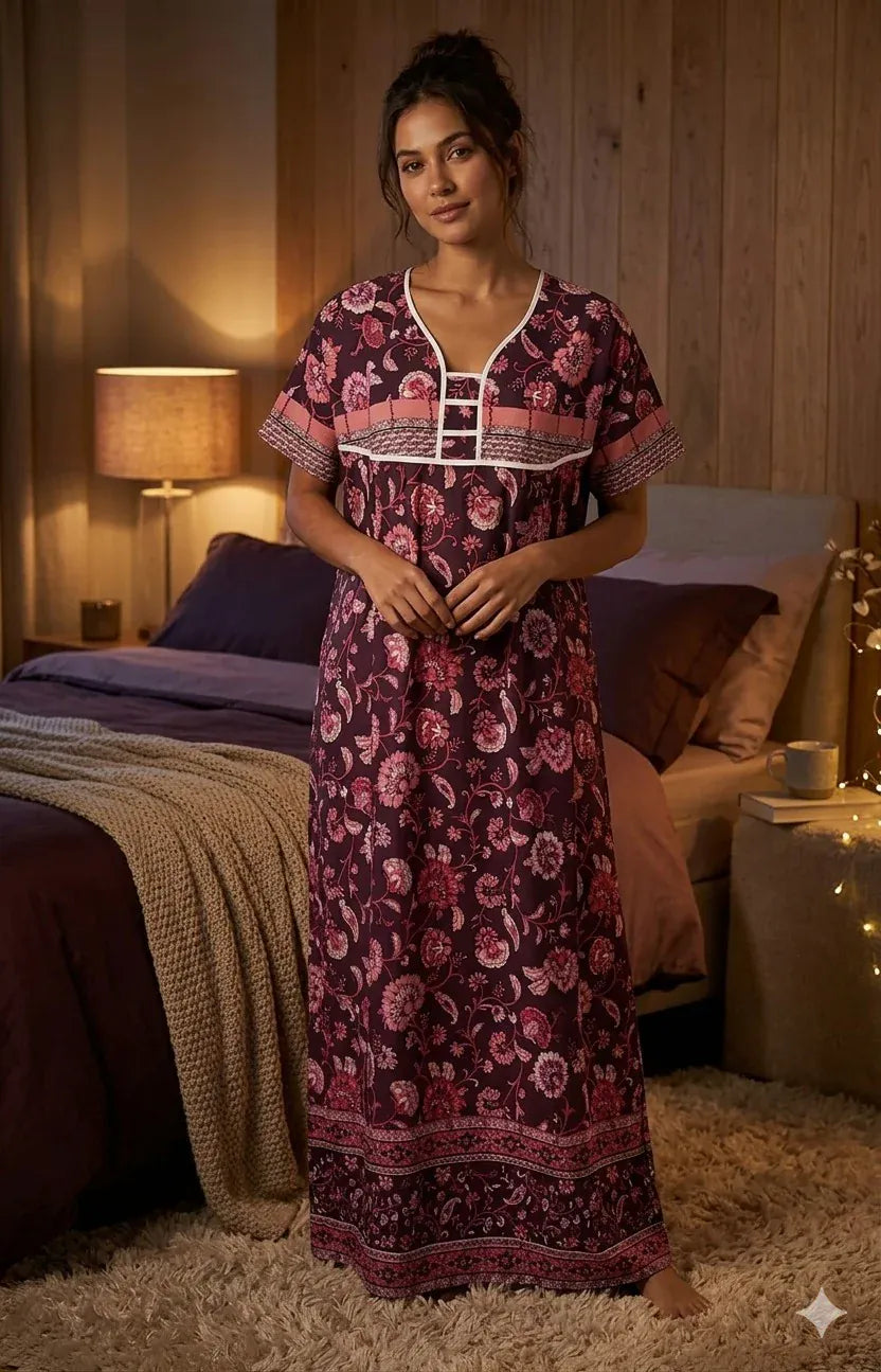 Printed Lilan long nighty from Nextry.pk, soft fabric with floral pattern, featuring long sleeves and a comfortable fit.