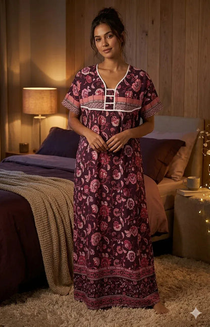 Printed Lilan long nighty from Nextry.pk, soft fabric with floral pattern, featuring long sleeves and a comfortable fit.