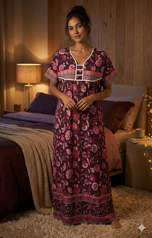 Printed Lilan long nighty from Nextry.pk, soft fabric with floral pattern, featuring long sleeves and a comfortable fit.