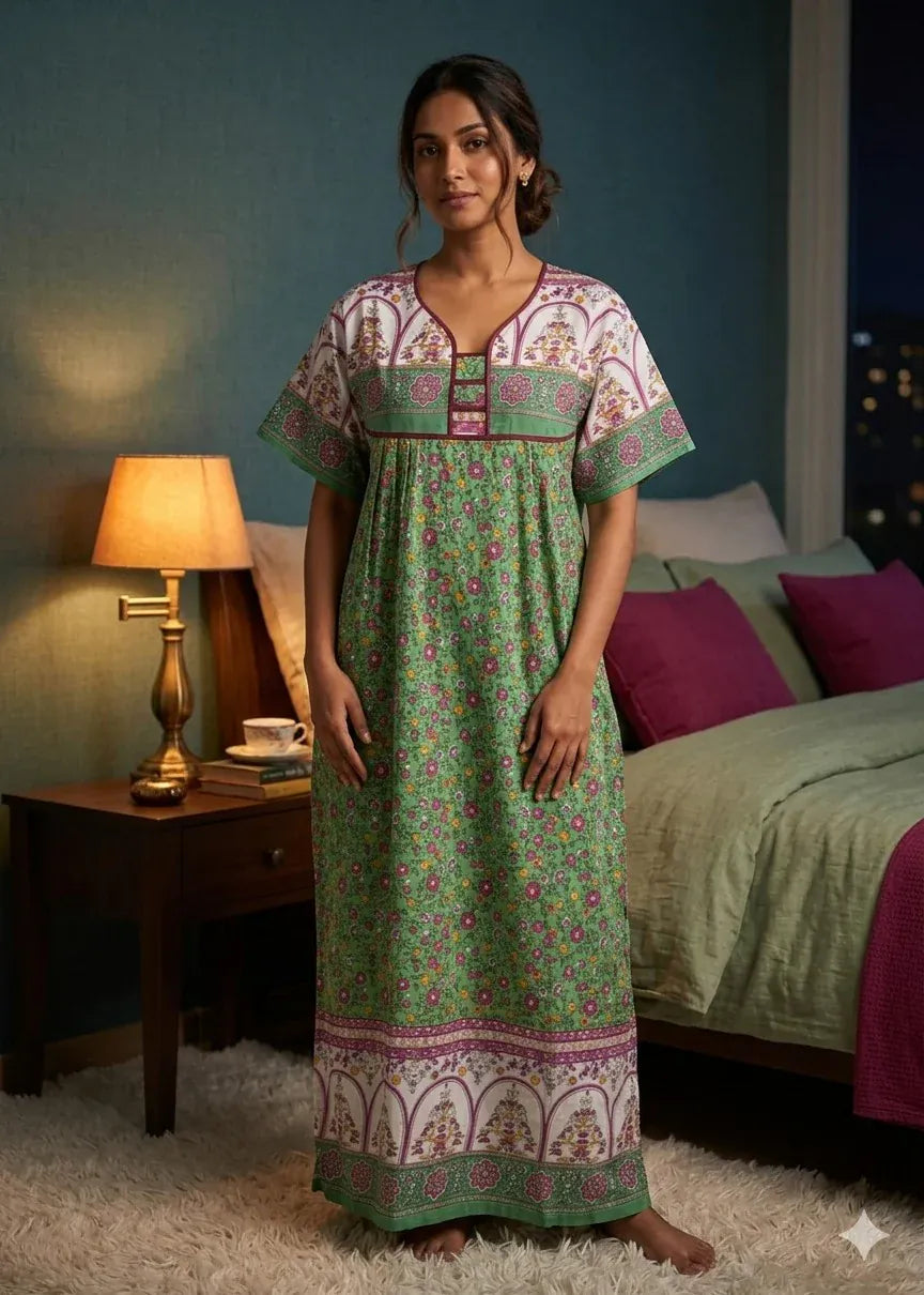 Printed Lilan long nighty from Nextry.pk featuring a flowy fabric with floral print and comfortable fit.