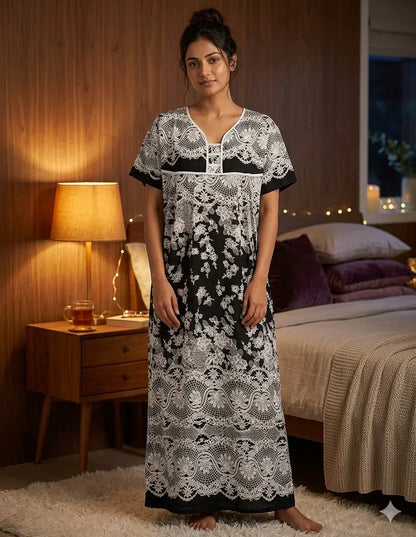 Printed Lilan long nighty by Nextry.pk featuring floral patterns and soft fabric for comfortable sleepwear