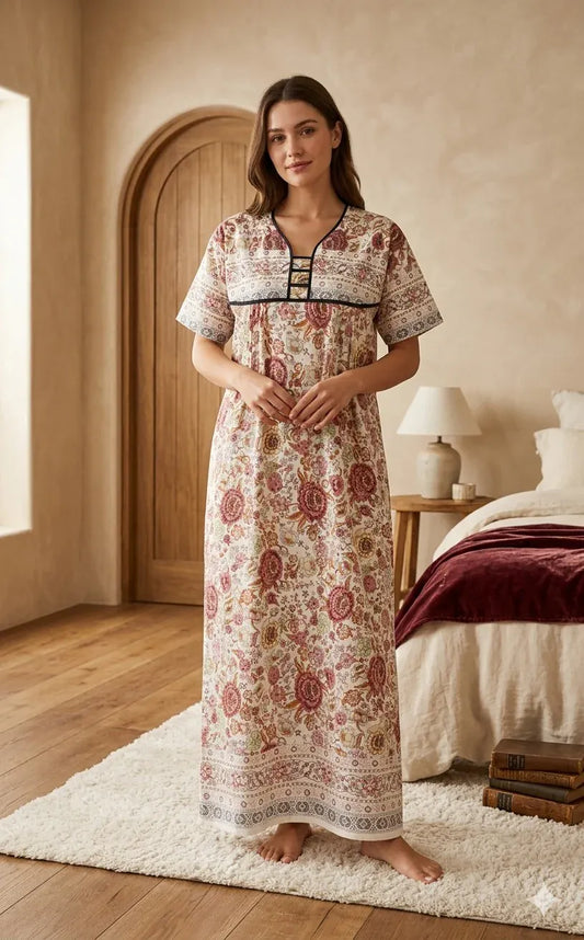 Printed Lilan long nighty from Nextry.pk featuring floral design, soft fabric, and comfortable fit for women.