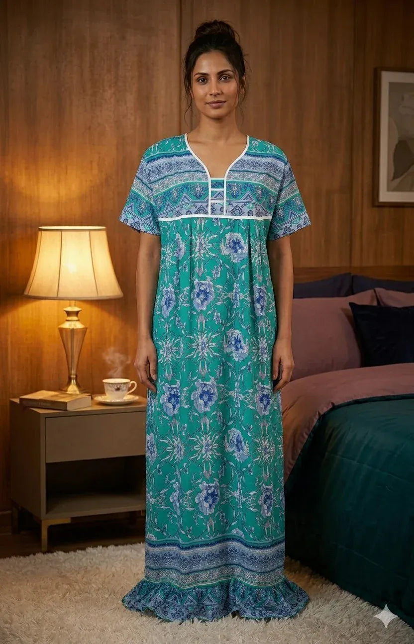 Printed Lilan long nighty from Nextry.pk featuring a comfortable, flowy design with floral print and soft fabric.