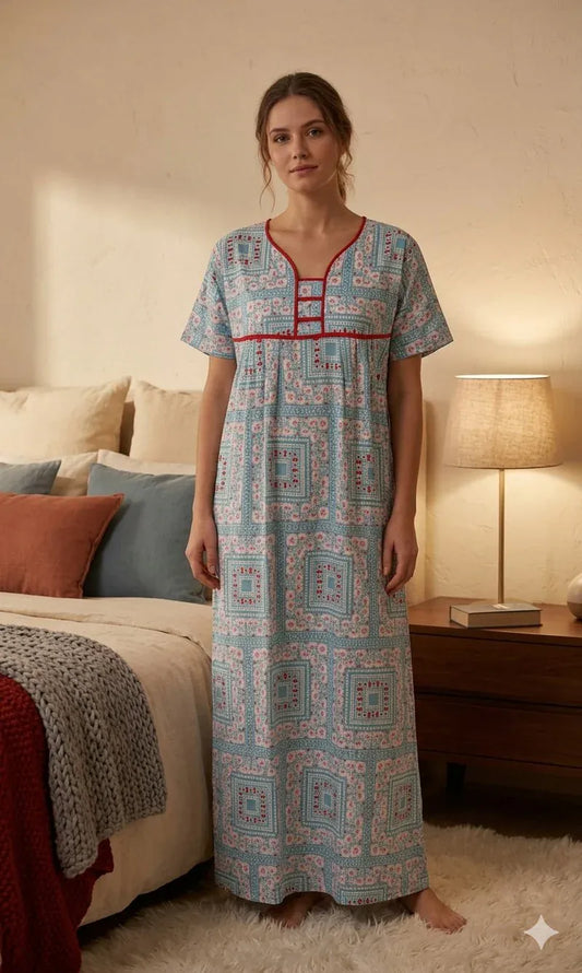 Printed Lilan long nighty from Nextry.pk featuring a floral design and comfortable fabric, ideal for cozy nights.
