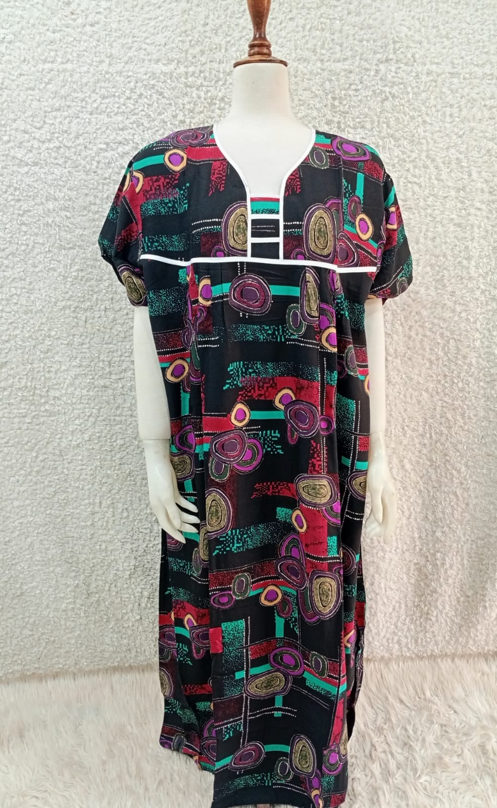 Printed Lilan long nighty by Nextry.pk, soft fabric with floral purple pattern, full-length nightwear for comfortable sleep.