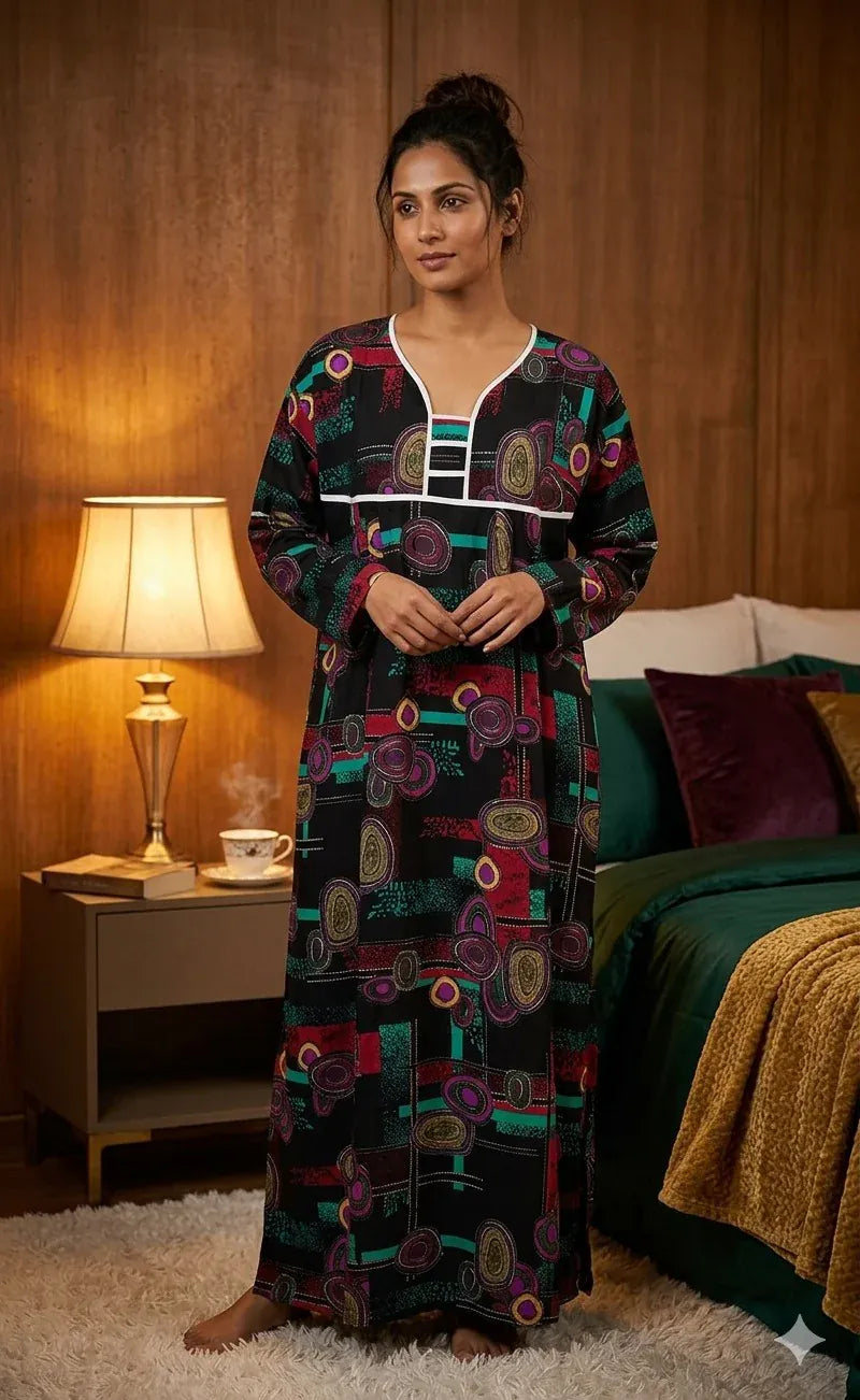 Printed Lilan long nighty by Nextry.pk featuring a floral design, soft fabric, and comfortable fit for restful sleep.