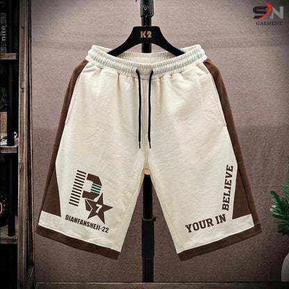 Men's R7 Printed Panel Shorts by Nextry.pk, made of cotton terry, casual and sports shorts with colorful panel design.