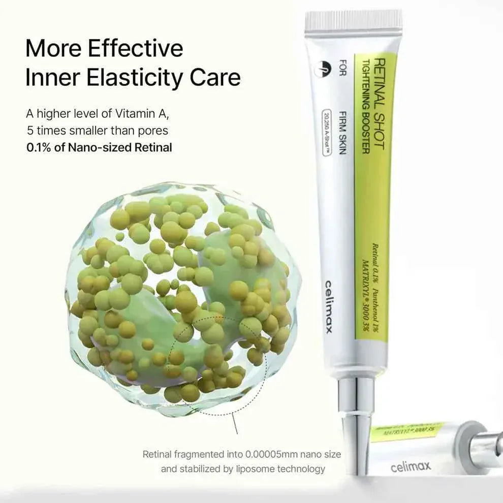 Celimax The Vita A Retinal Shot Tightening Booster in a 15ml bottle, featuring a clear dropper and vibrant packaging for skin renewal.