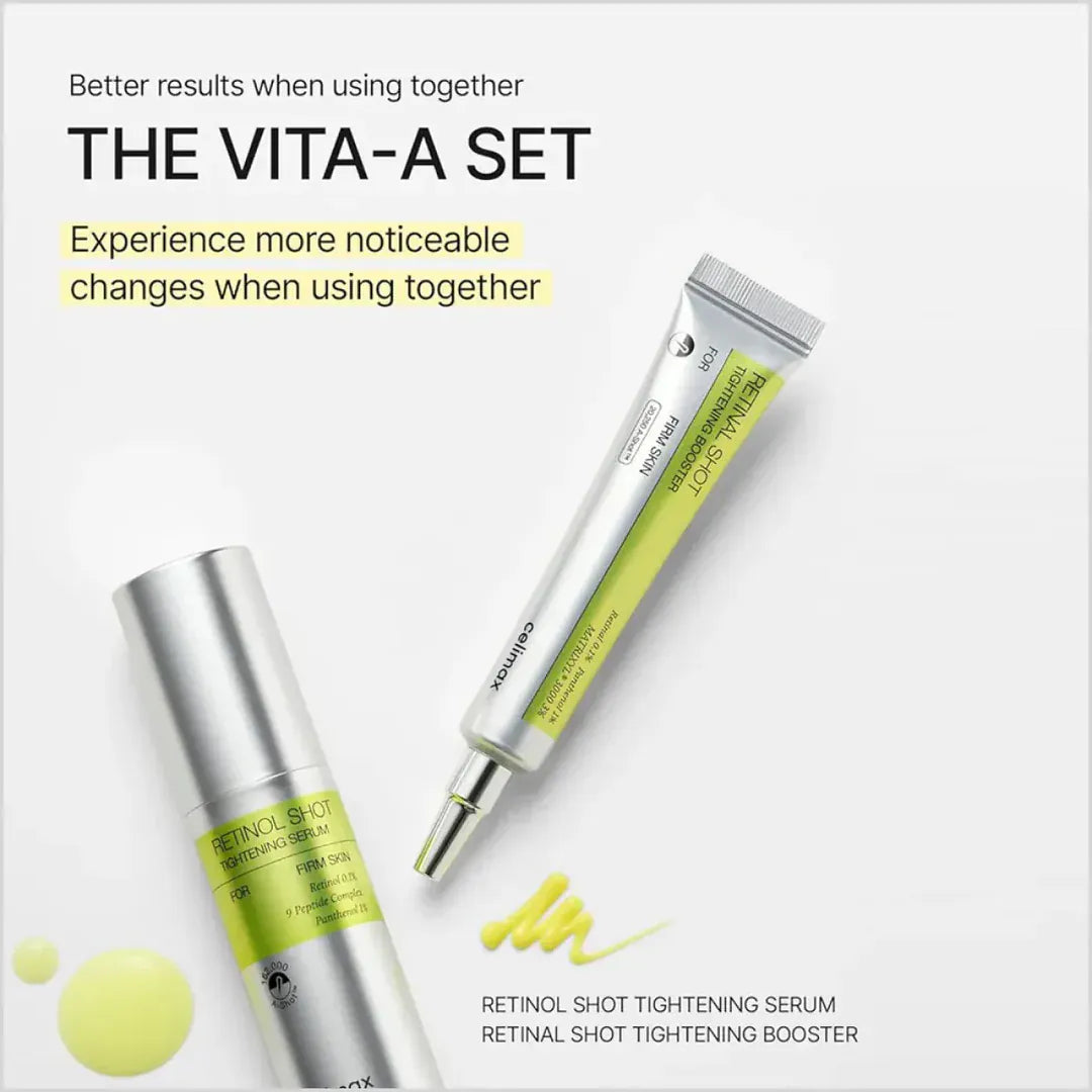 Celimax Retinol Shot Tightening Booster featuring a sleek dropper bottle for firming and skin tightening skincare treatment.