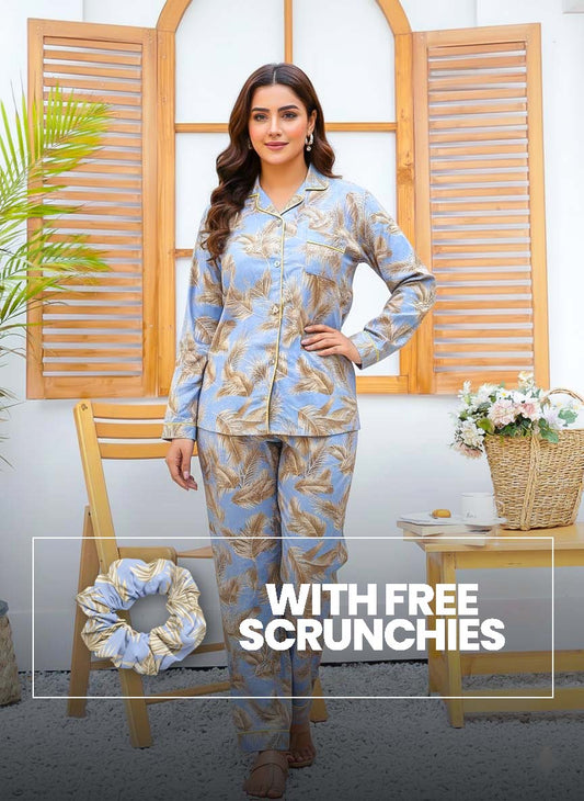 Set of colorful linen scrunchies on a white background, perfect for matching with the imported Linen Printed Classic PJ Set by Night Need.
